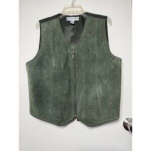 Vintage Marsh Landing Mens Olive Green Suede Leather Zip Up Vest -Large